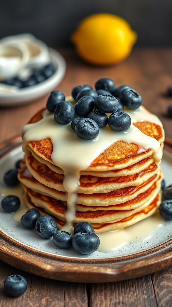 Stack of pancakes topped with blueberries and cream cheese drizzle