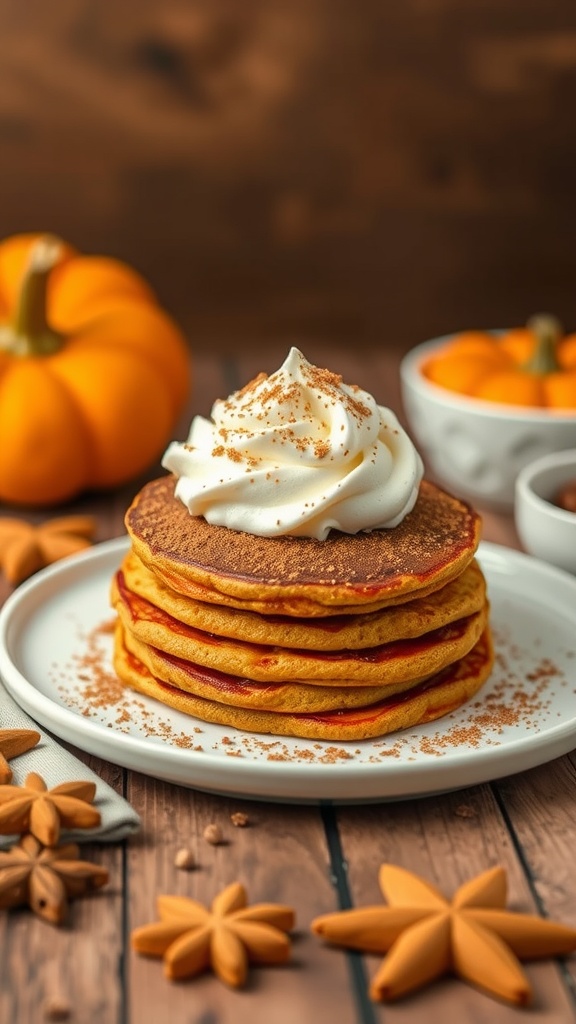 Fluffy pumpkin spice pancakes stacked with whipped cream on top and a sprinkle of cinnamon.