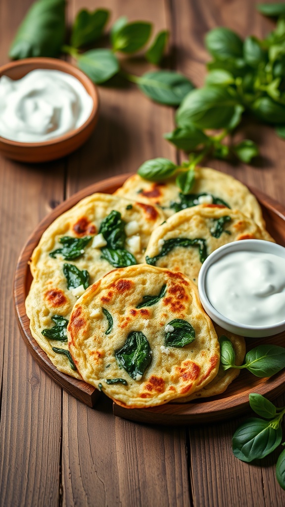 Savory spinach and feta pancakes served with yogurt and herbs