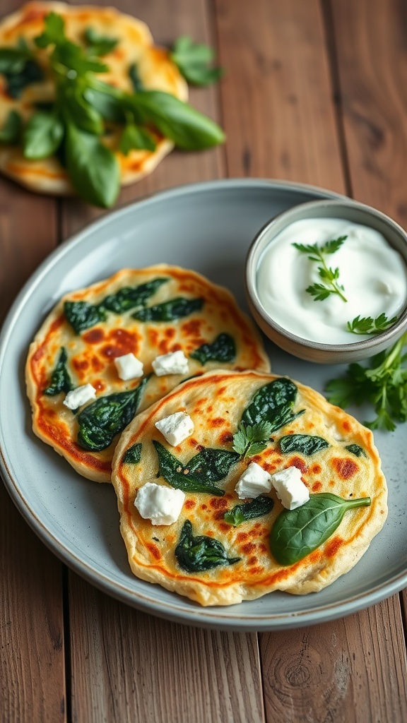 Savory spinach and feta pancakes served on a plate with yogurt.