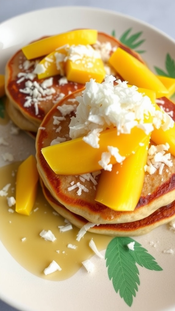 Stack of tropical coconut mango pancakes topped with mango slices and shredded coconut