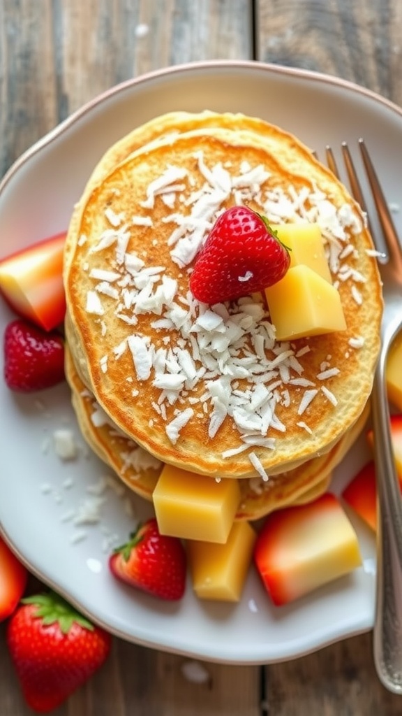 A plate of stacked vegan coconut pancakes topped with fresh strawberries and coconut shavings.